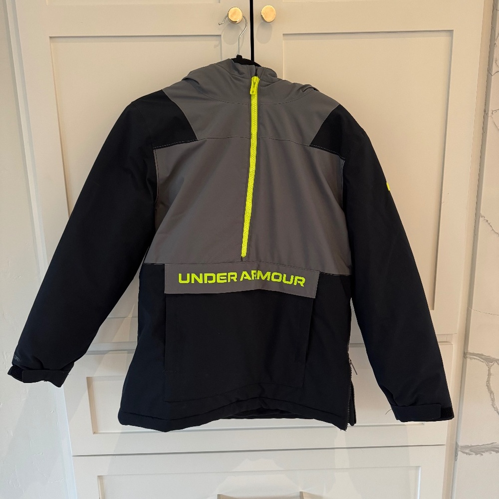Under Armour Mahlon Waterproof Hooded Pullover jacket Black Grey Boys L Ski